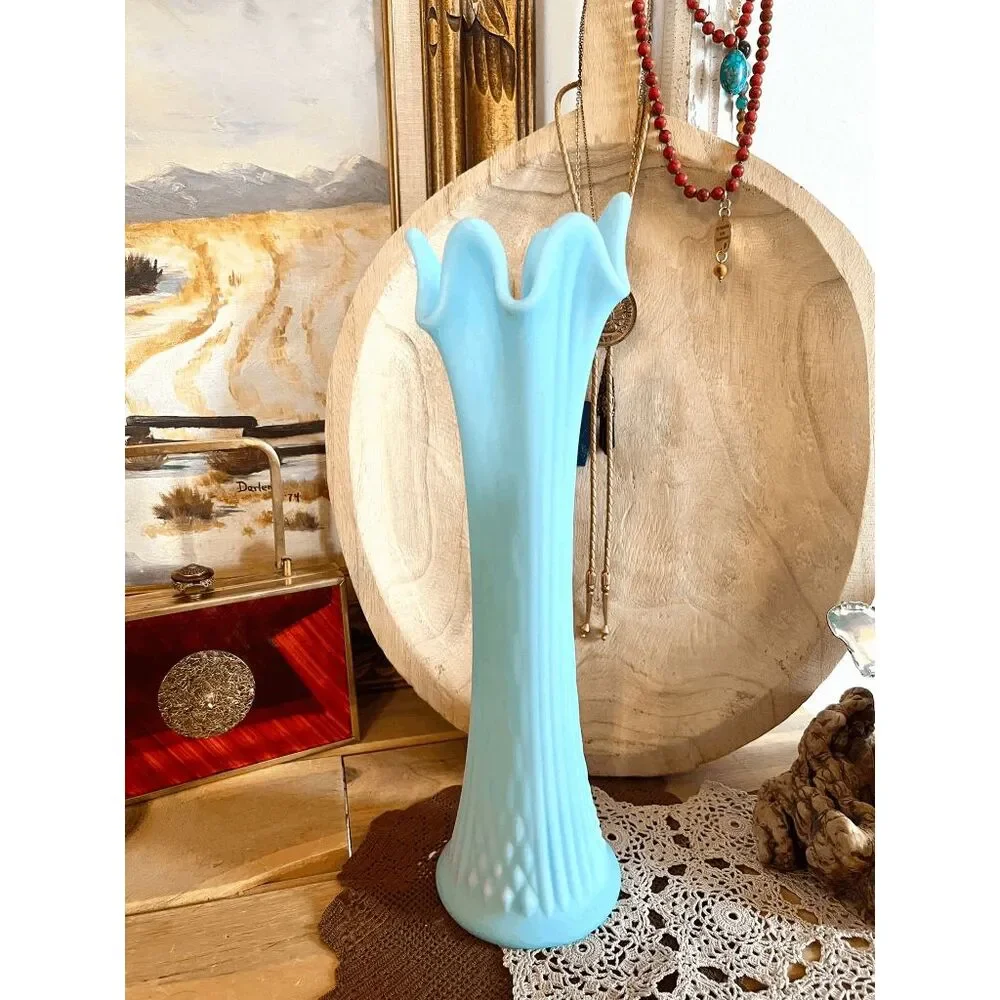 Vintage Fenton Stretch Swung Blue Satin Custard Milk Glass Diamond Pattern Vase